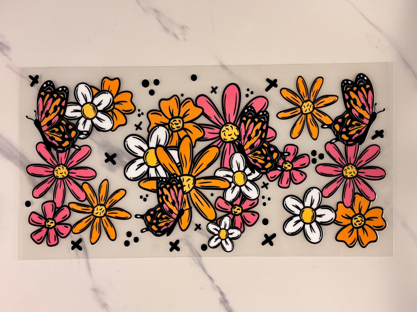 Pink and orange butterflies and flowers 
