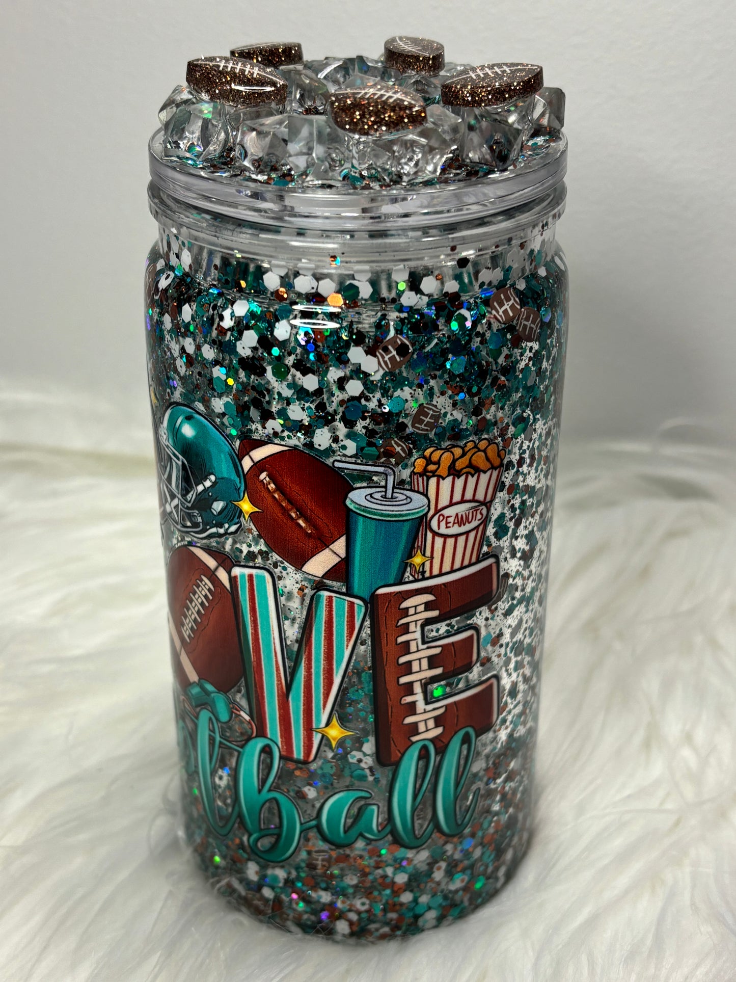 Teal love football snow globe 12oz acrylic can