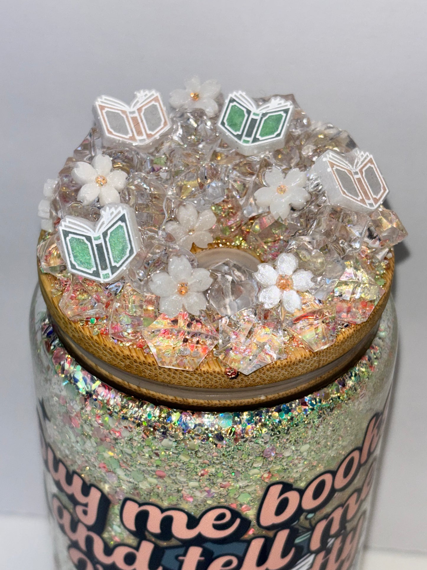 Buy me books glitter glass can