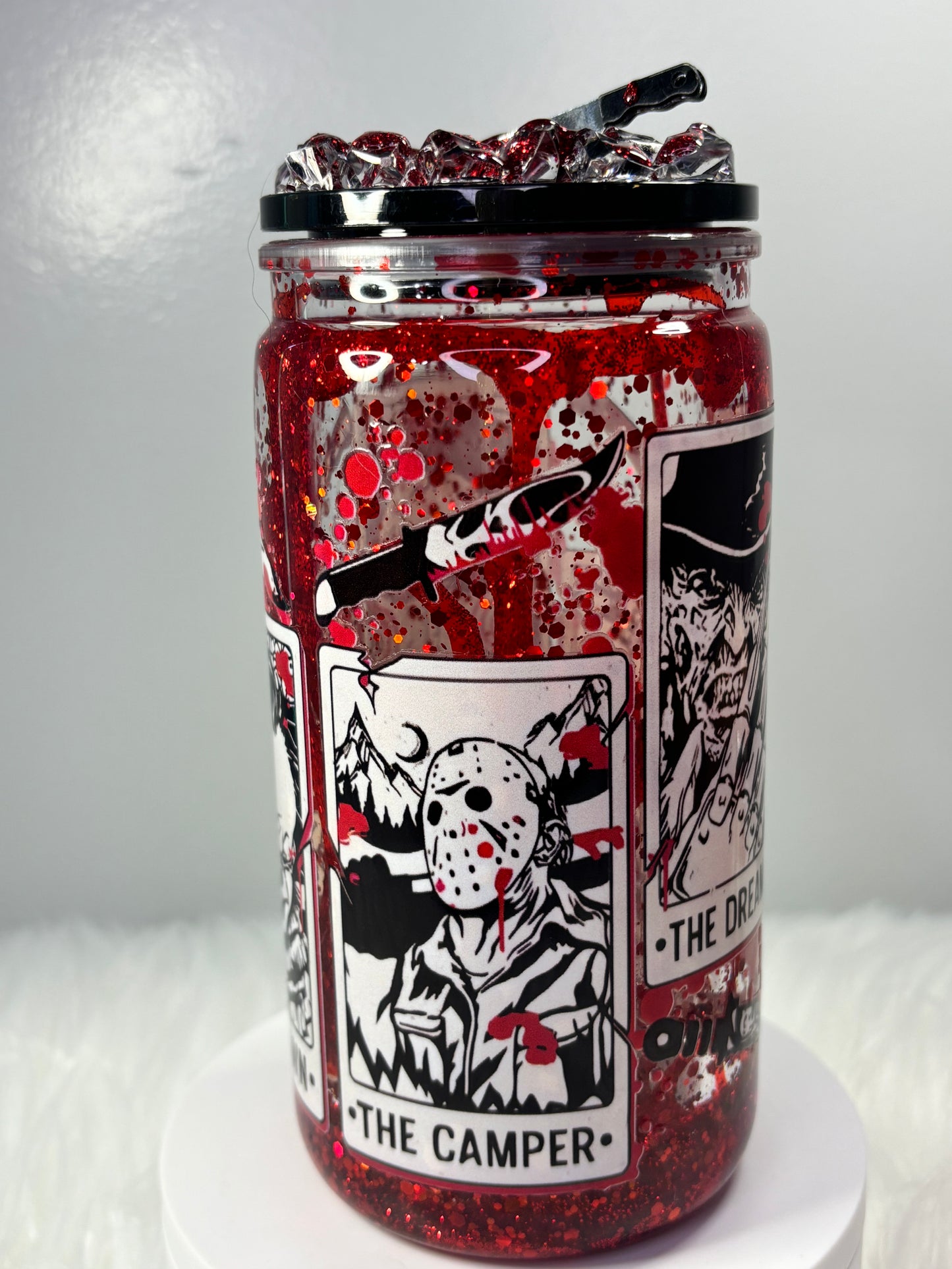 Glitter and gore bloody drip snow globe 16oz acrylic can