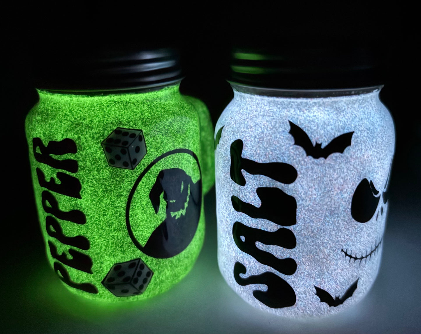 Glowing Halloween nightmare, mason jar of salt and pepper shakers