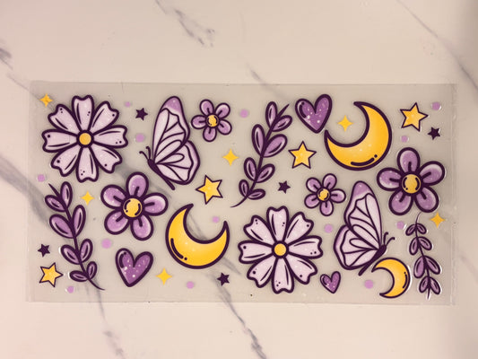 Purple butterflies, flowers, and moons