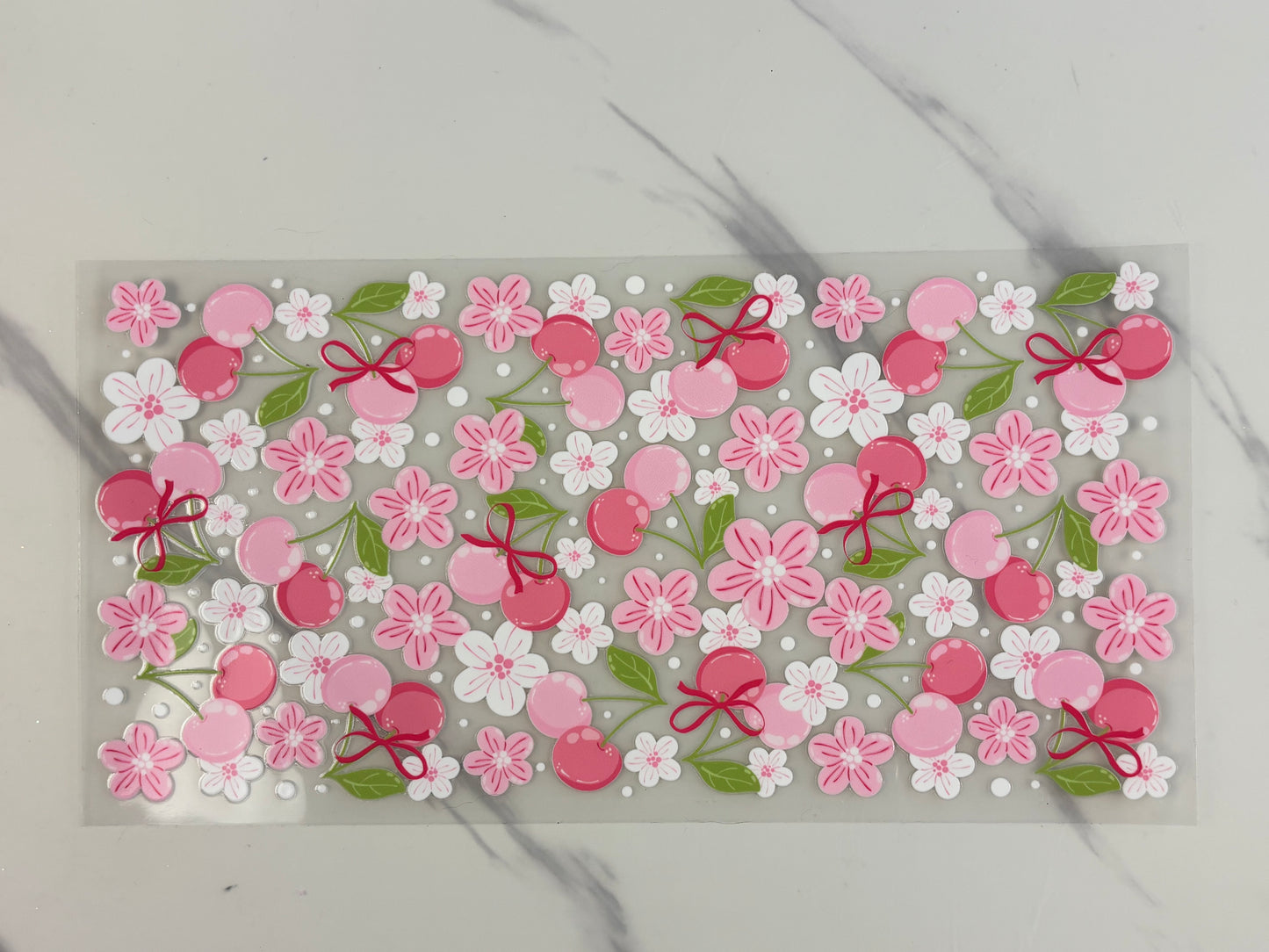 Pink cherries, and flowers