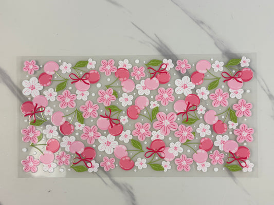 Pink cherries, and flowers