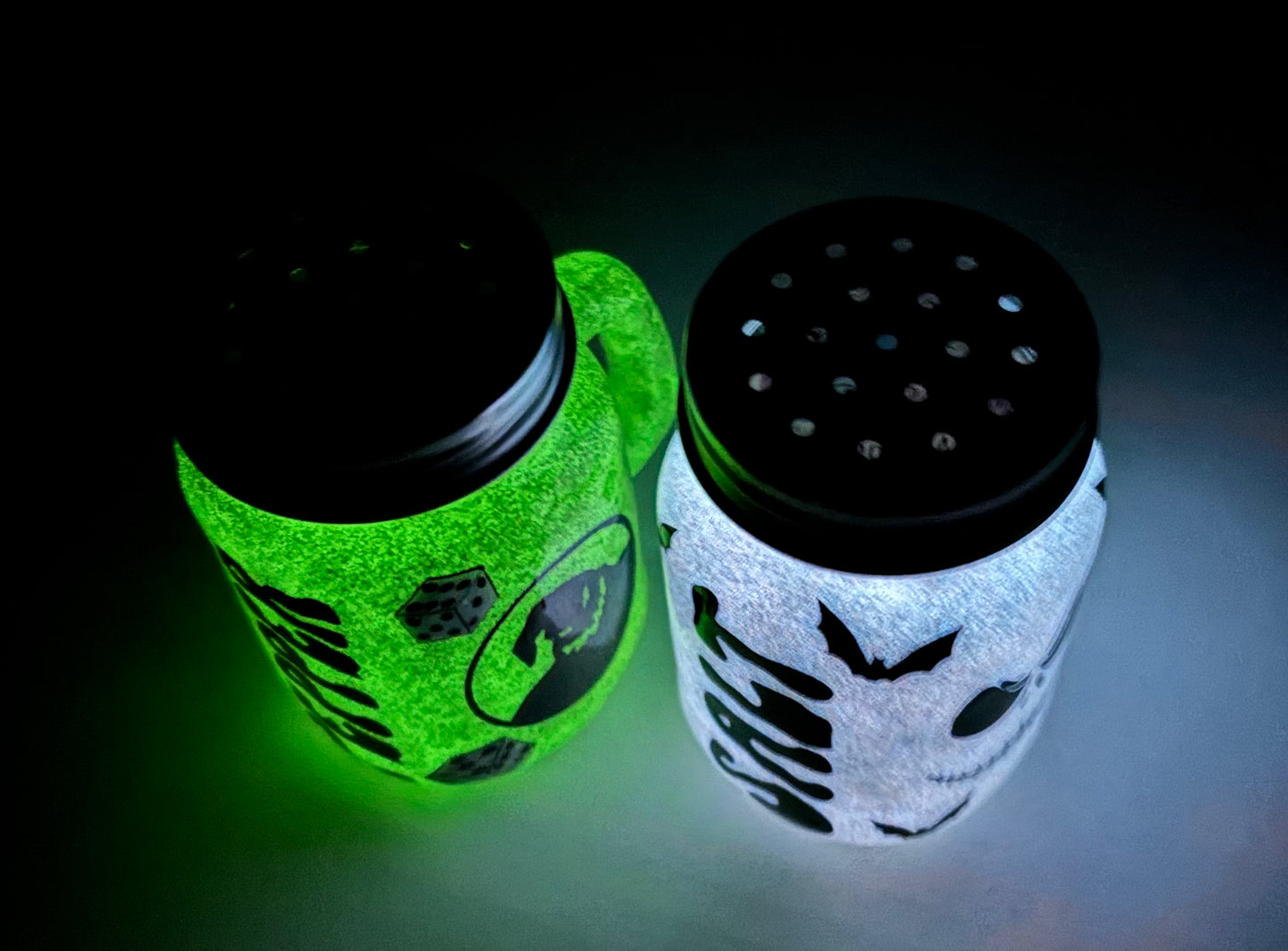 Glowing Halloween nightmare, mason jar of salt and pepper shakers