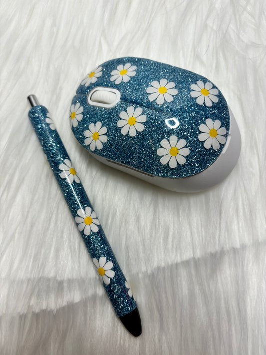 Light blue and white flower wireless mouse set.
