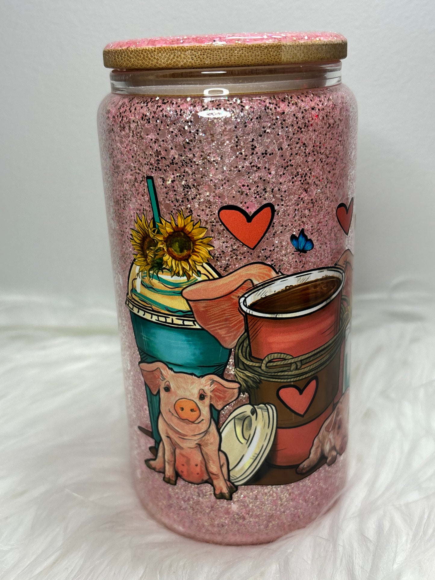 Piggy coffee glitter glass can