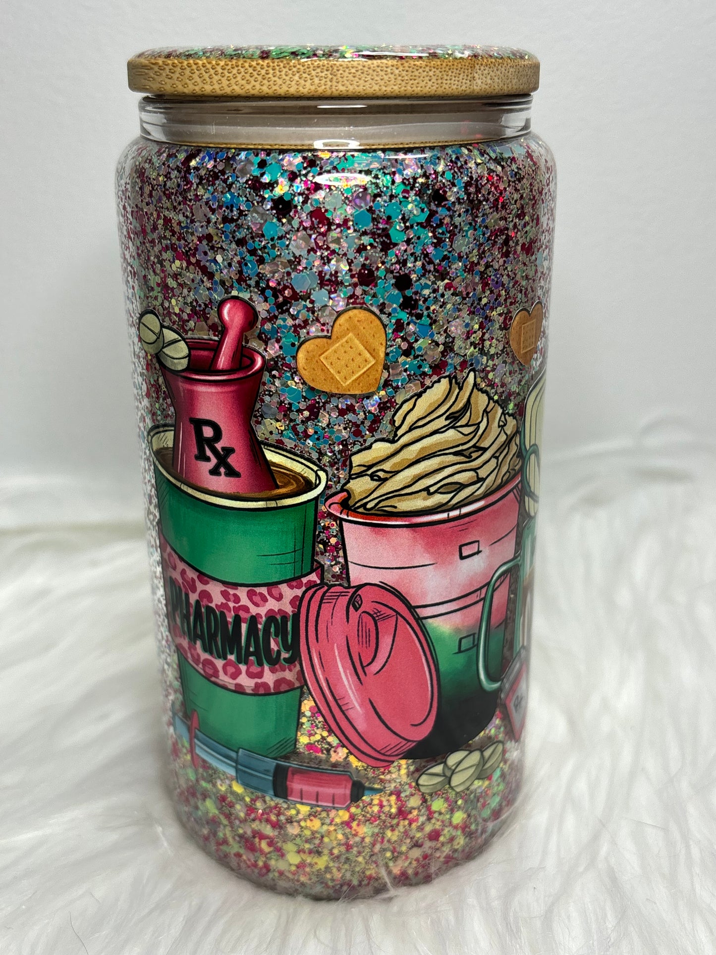Pharmacy glitter glass can.