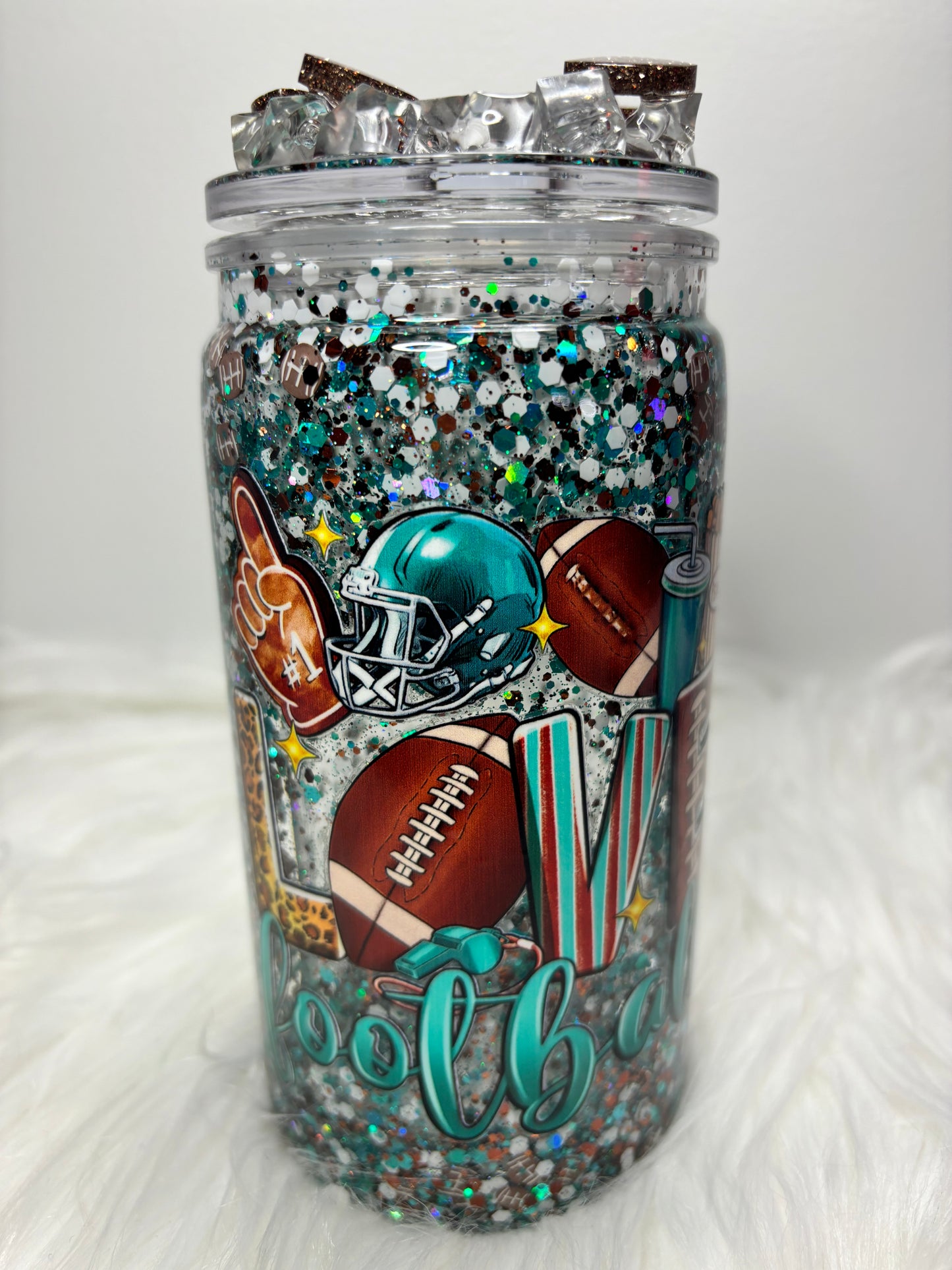 Teal love football snow globe 12oz acrylic can