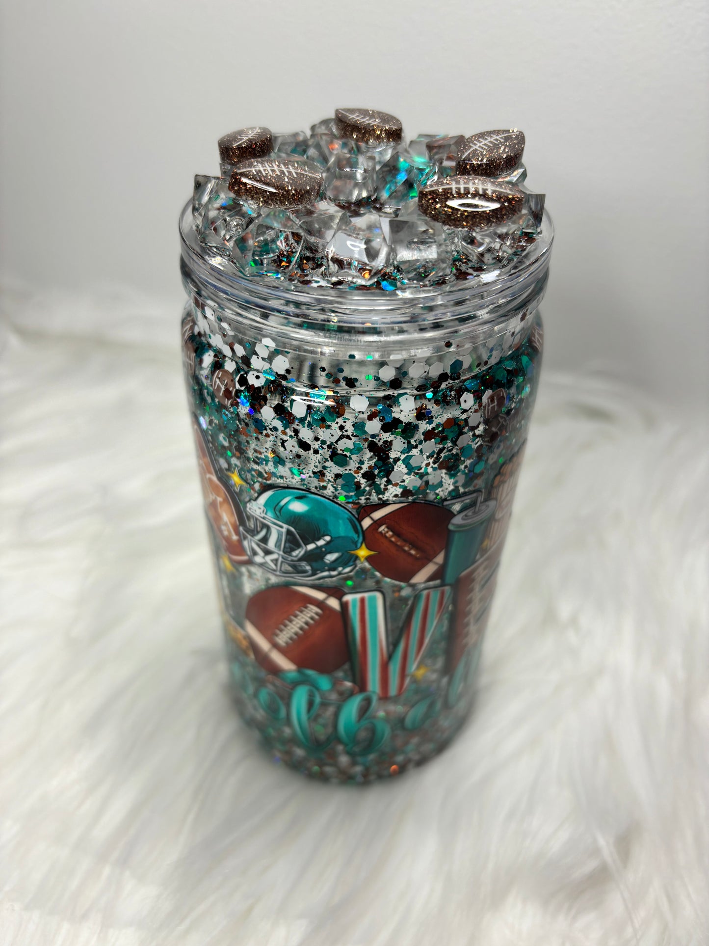 Teal love football snow globe 12oz acrylic can