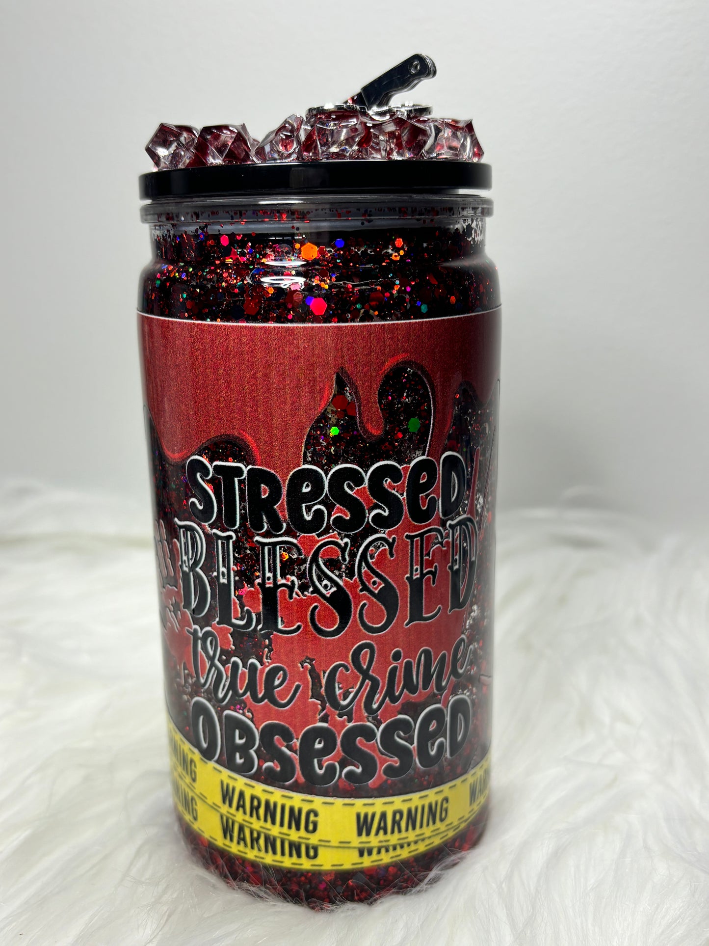Stressed, blessed, True Crime obsessed snow globe 12oz acrylic can