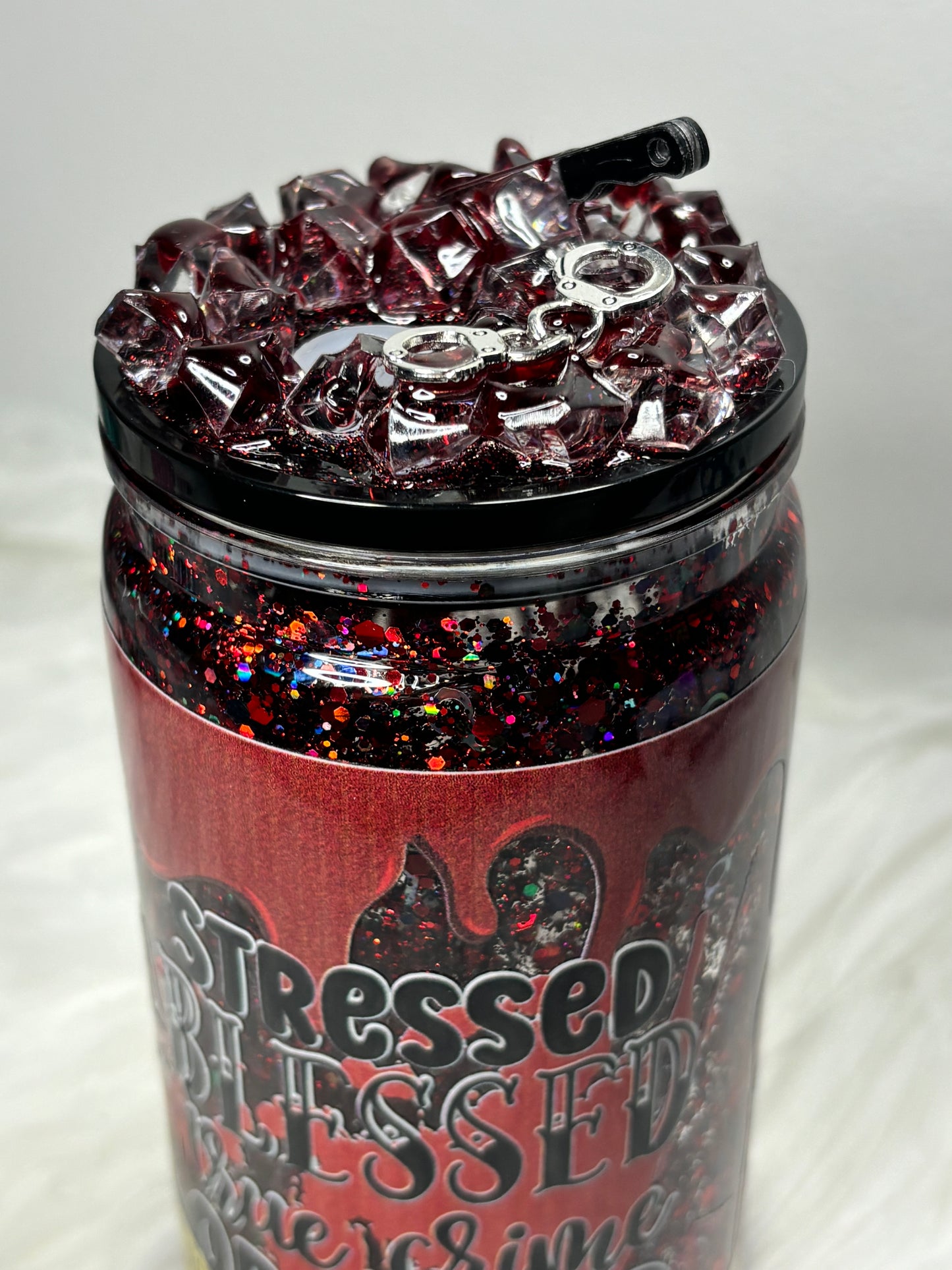 Stressed, blessed, True Crime obsessed snow globe 12oz acrylic can