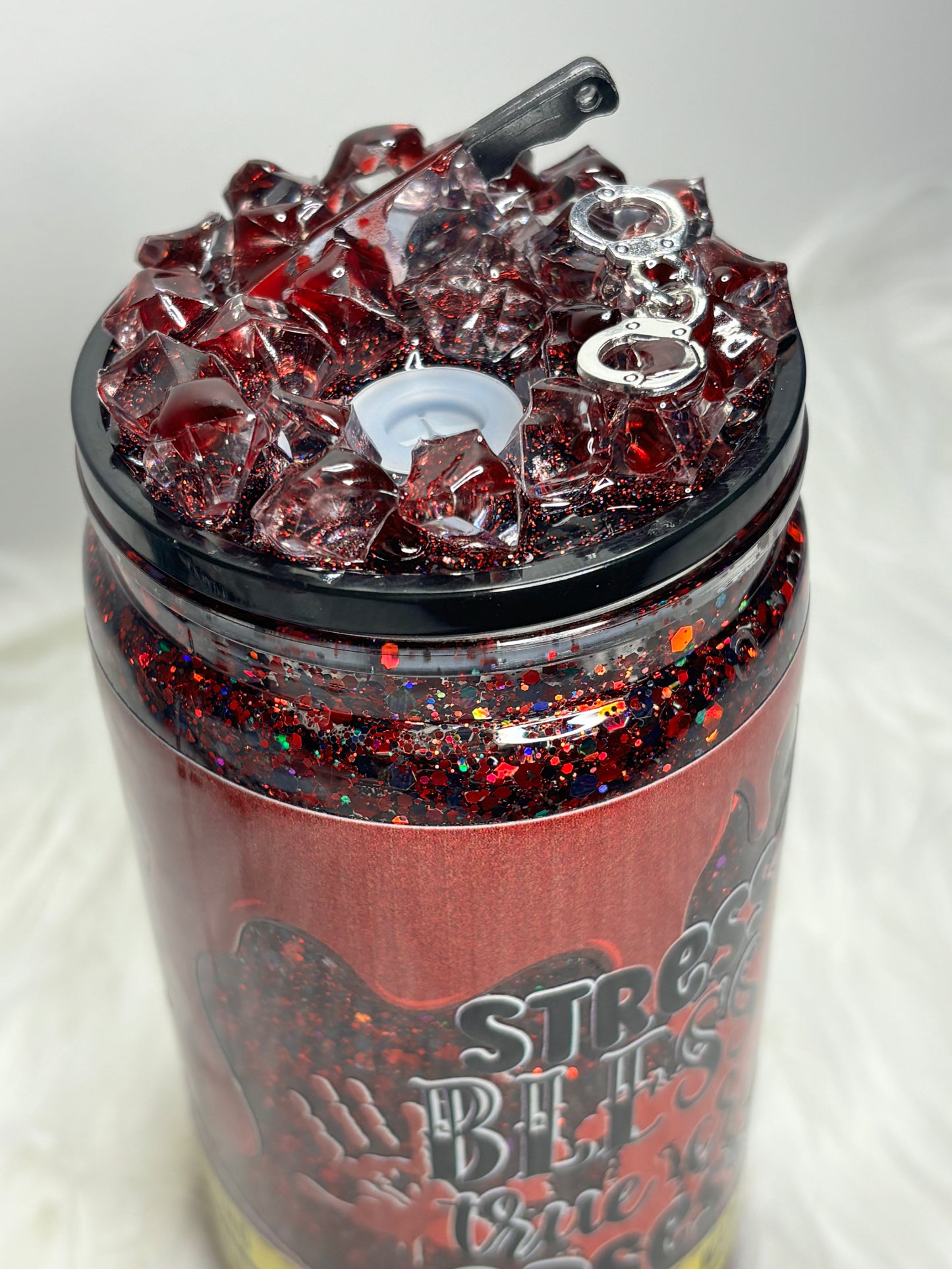 Stressed, blessed, True Crime obsessed snow globe 12oz acrylic can