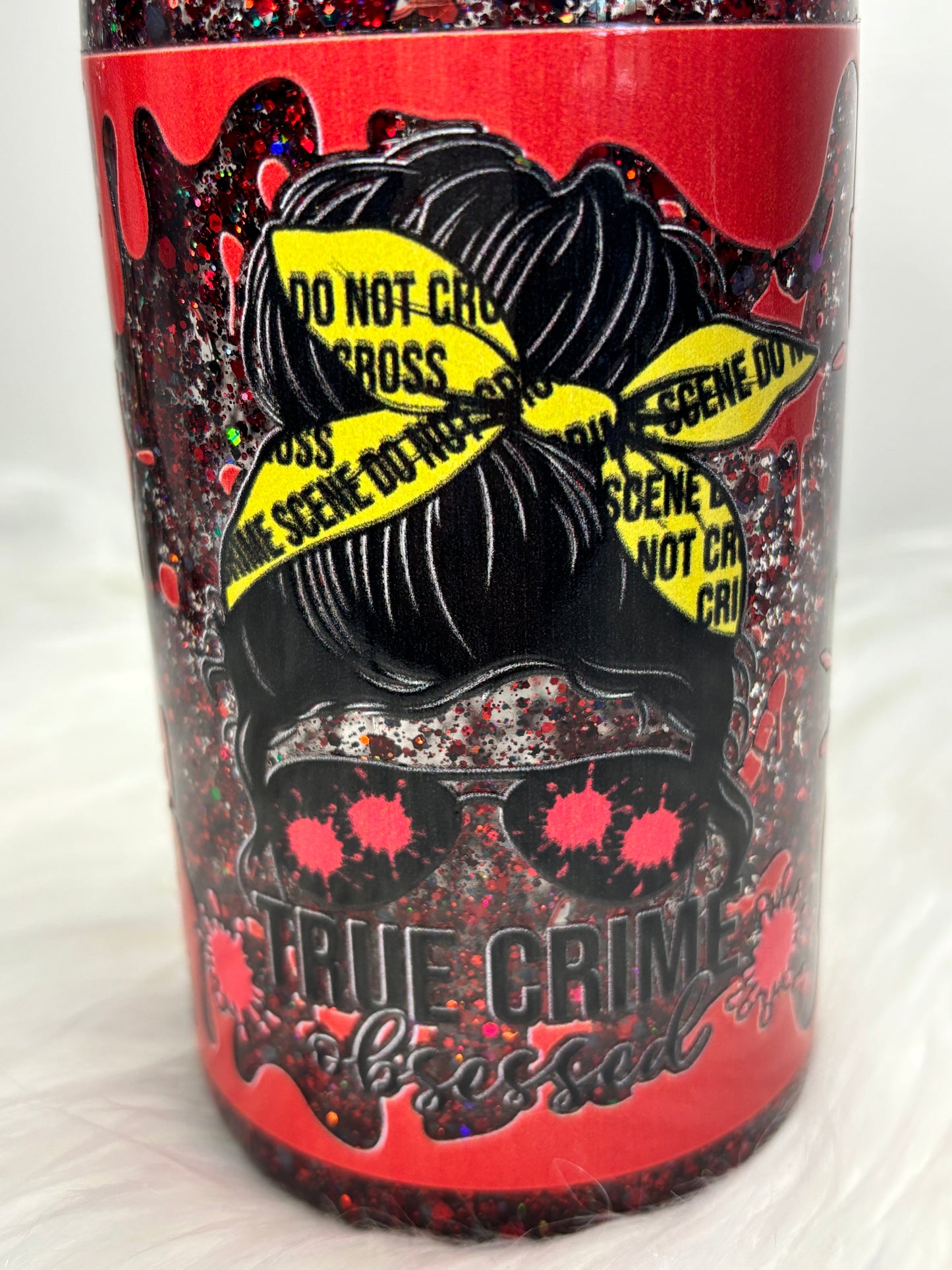 Crime obsessed snow globe 12oz acrylic can