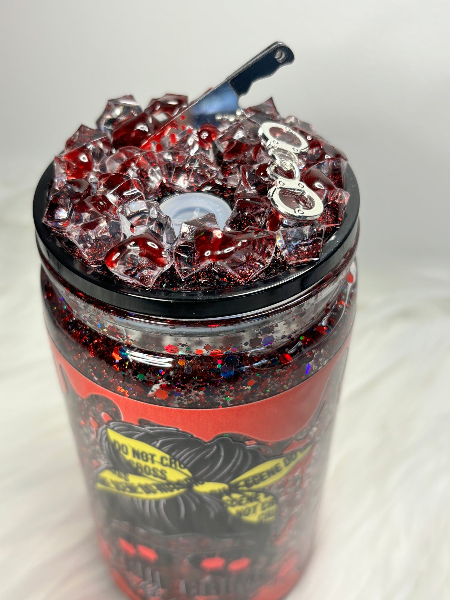 Crime obsessed snow globe 12oz acrylic can