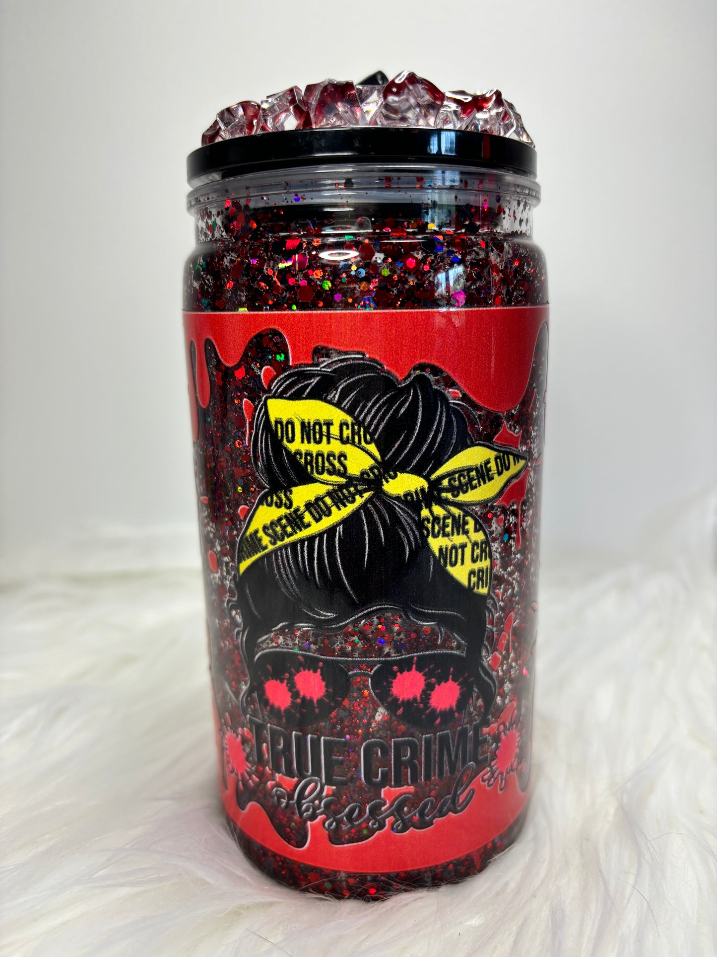 Crime obsessed snow globe 12oz acrylic can