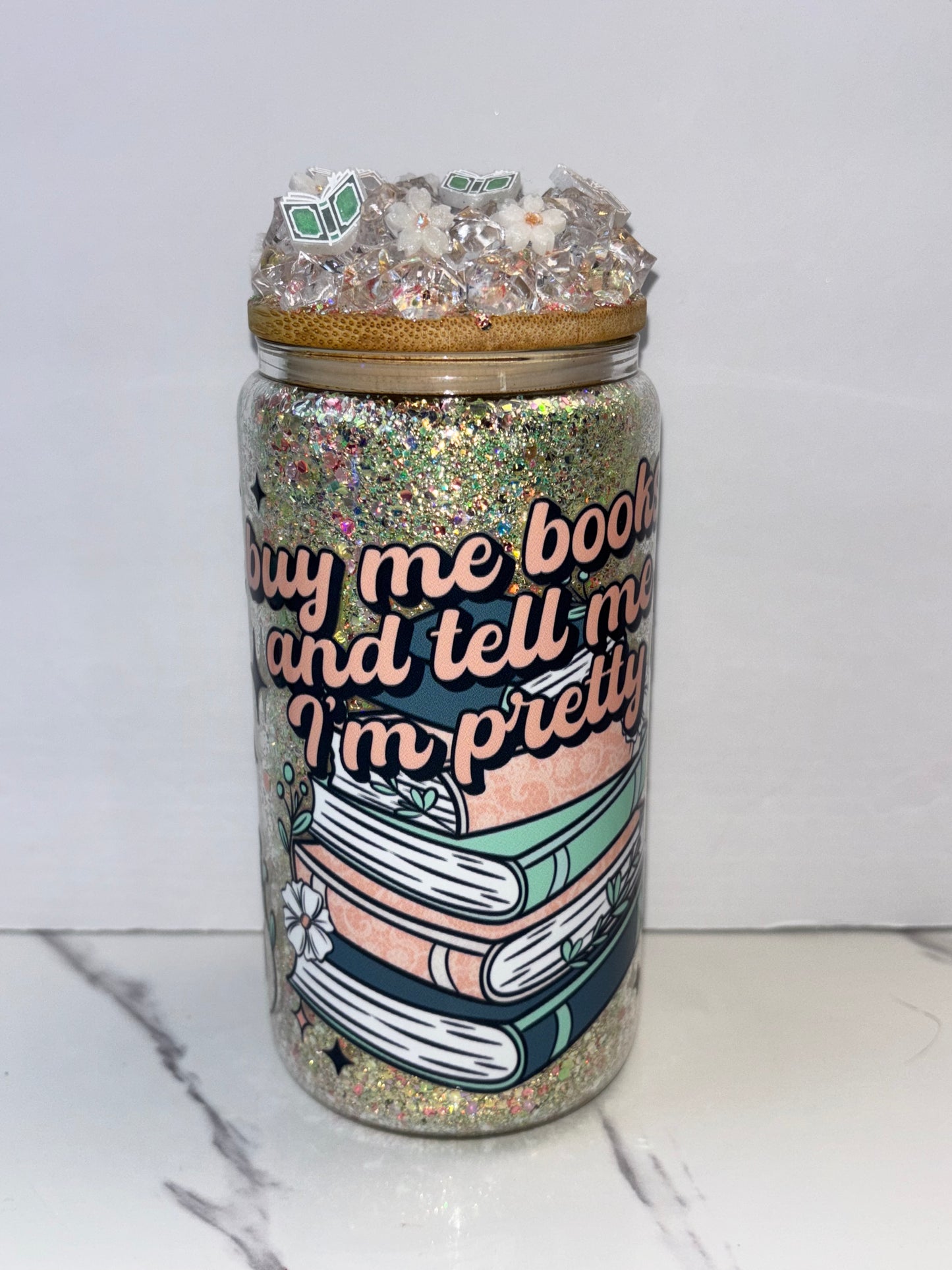 Buy me books glitter glass can