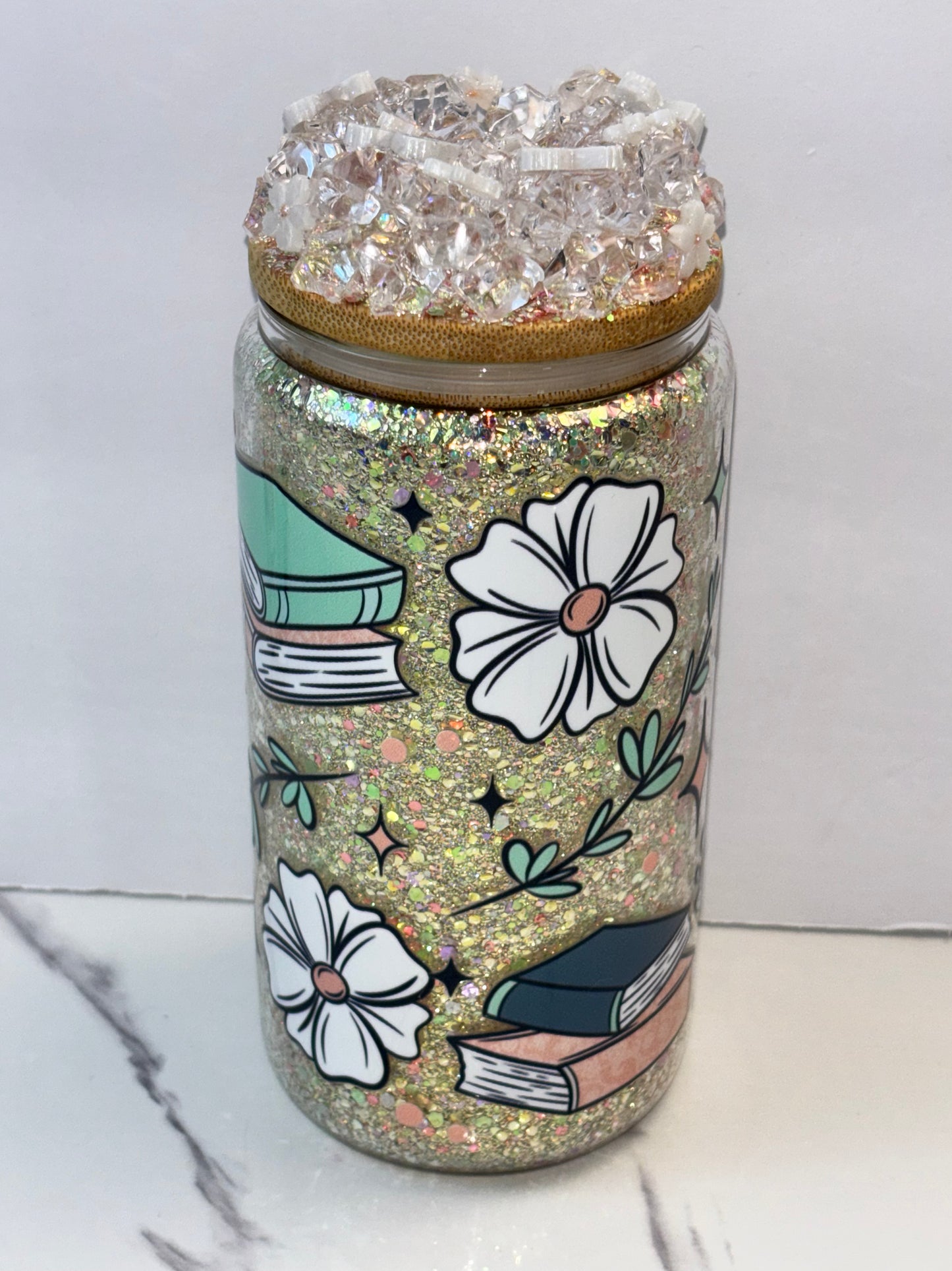 Buy me books glitter glass can