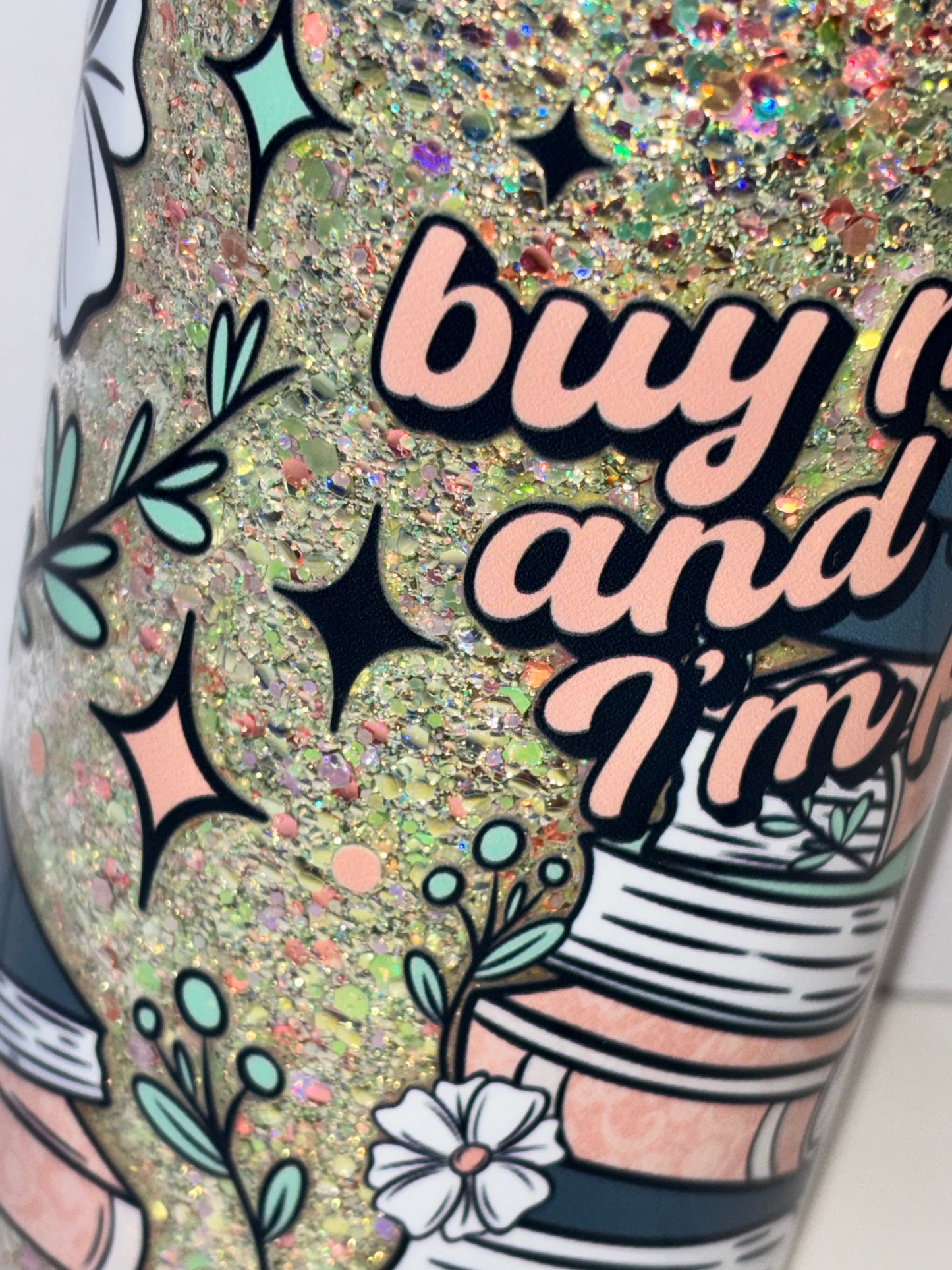 Buy me books glitter glass can