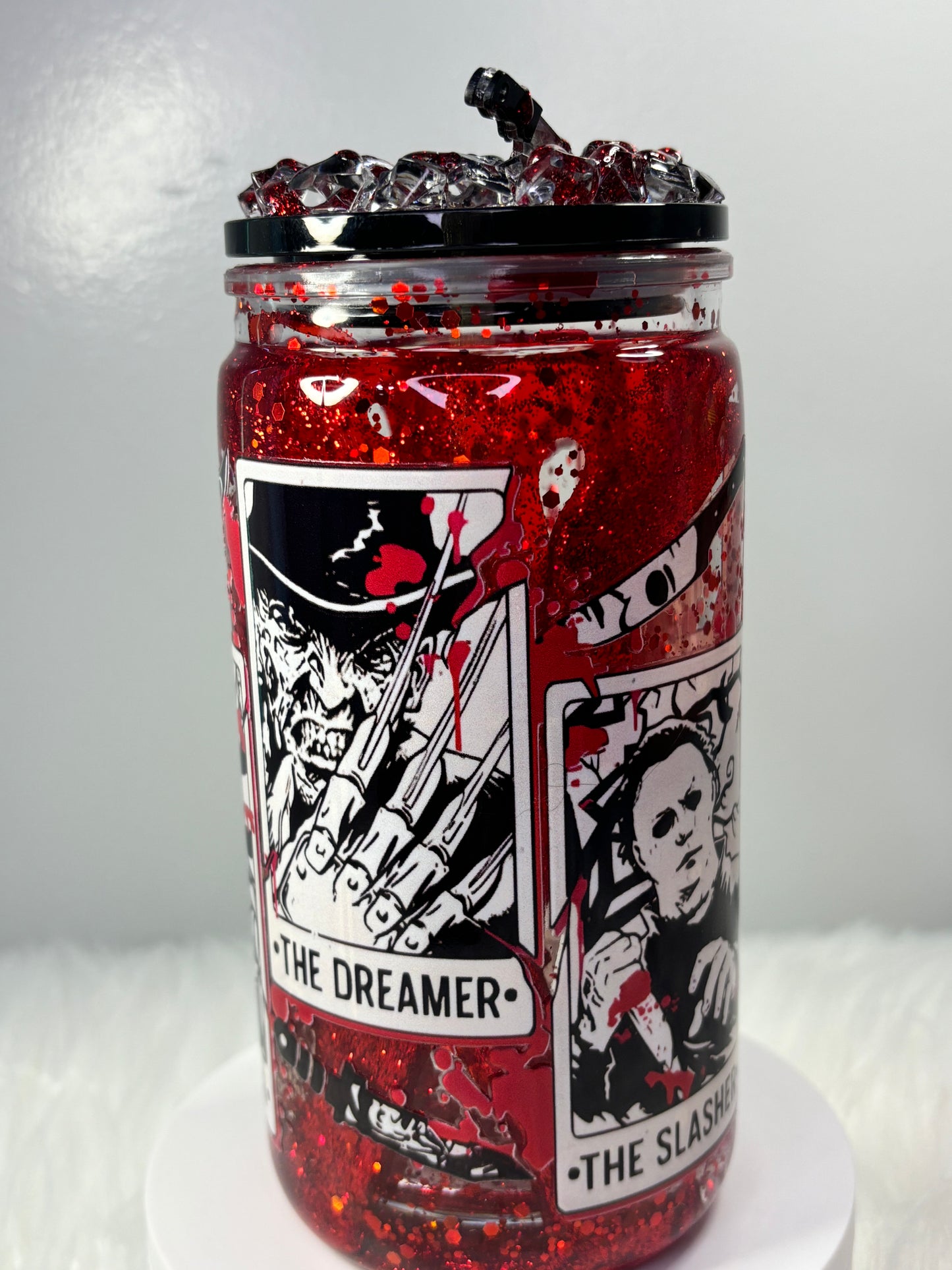 Glitter and gore bloody drip snow globe 16oz acrylic can