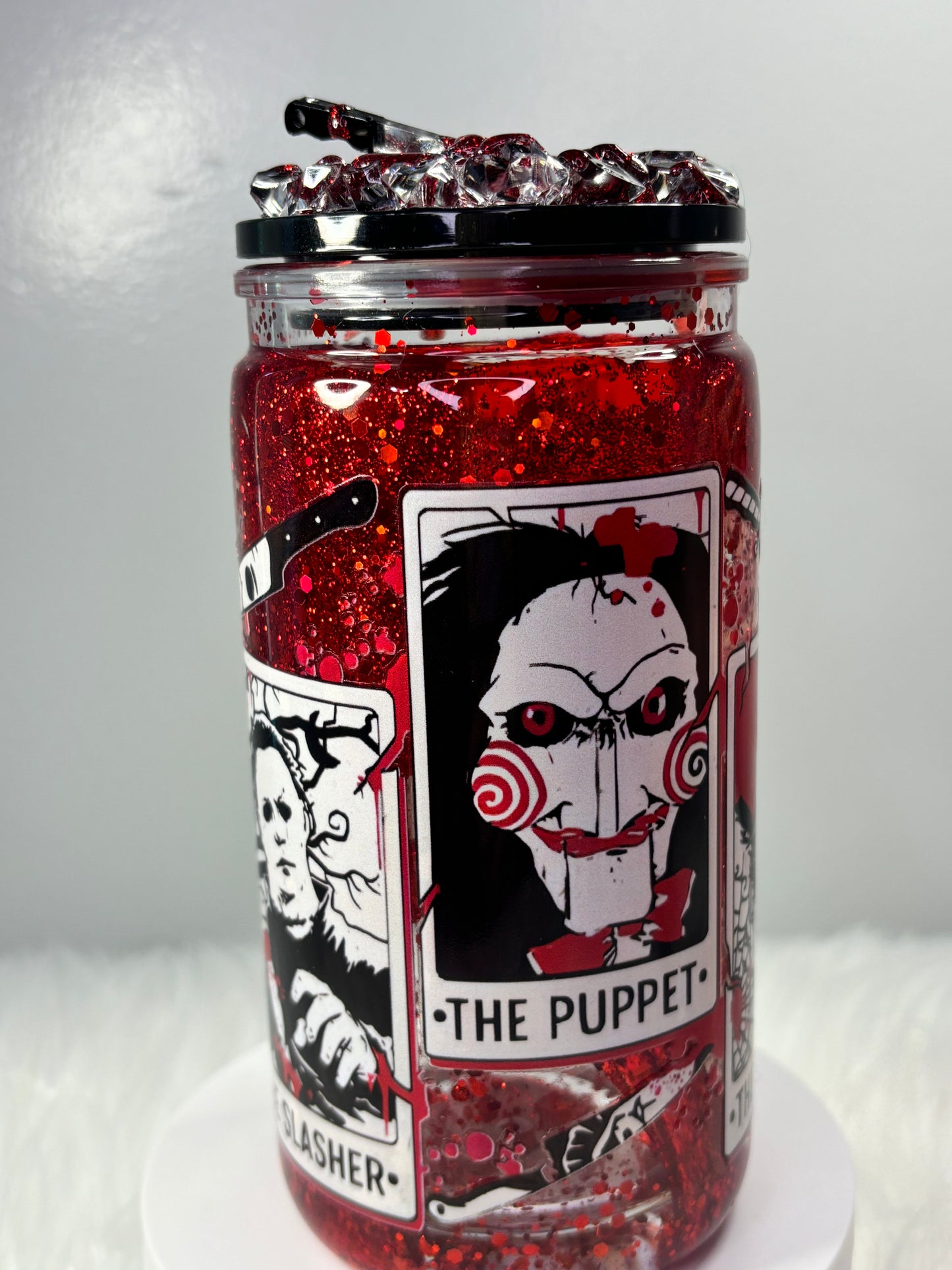 Glitter and gore bloody drip snow globe 16oz acrylic can
