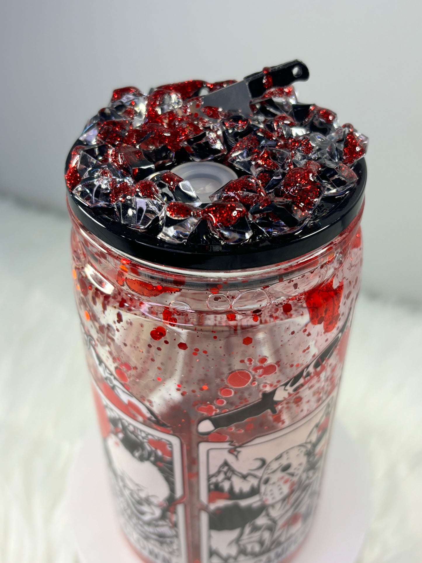 Glitter and gore bloody drip snow globe 16oz acrylic can