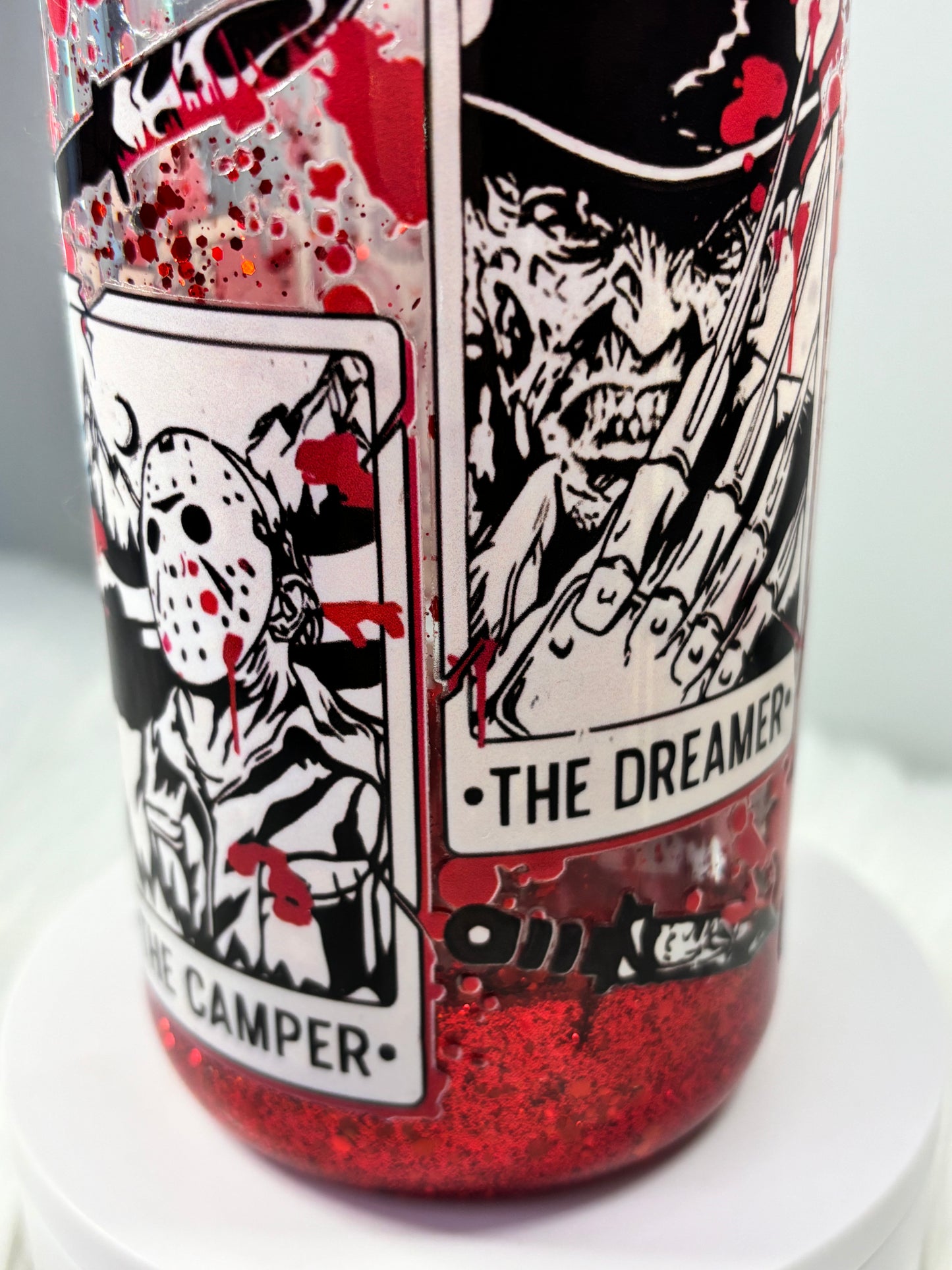 Glitter and gore bloody drip snow globe 16oz acrylic can