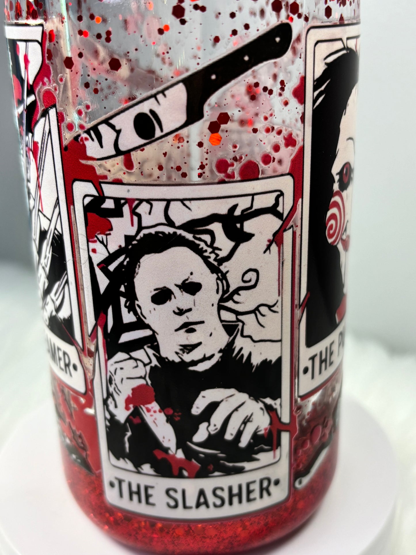 Glitter and gore bloody drip snow globe 16oz acrylic can