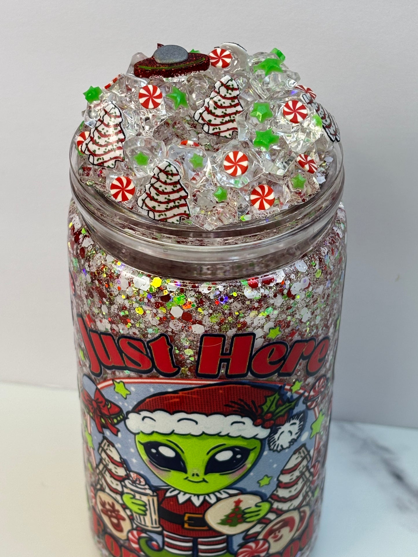 Just here for the food, glowing snow globe cup