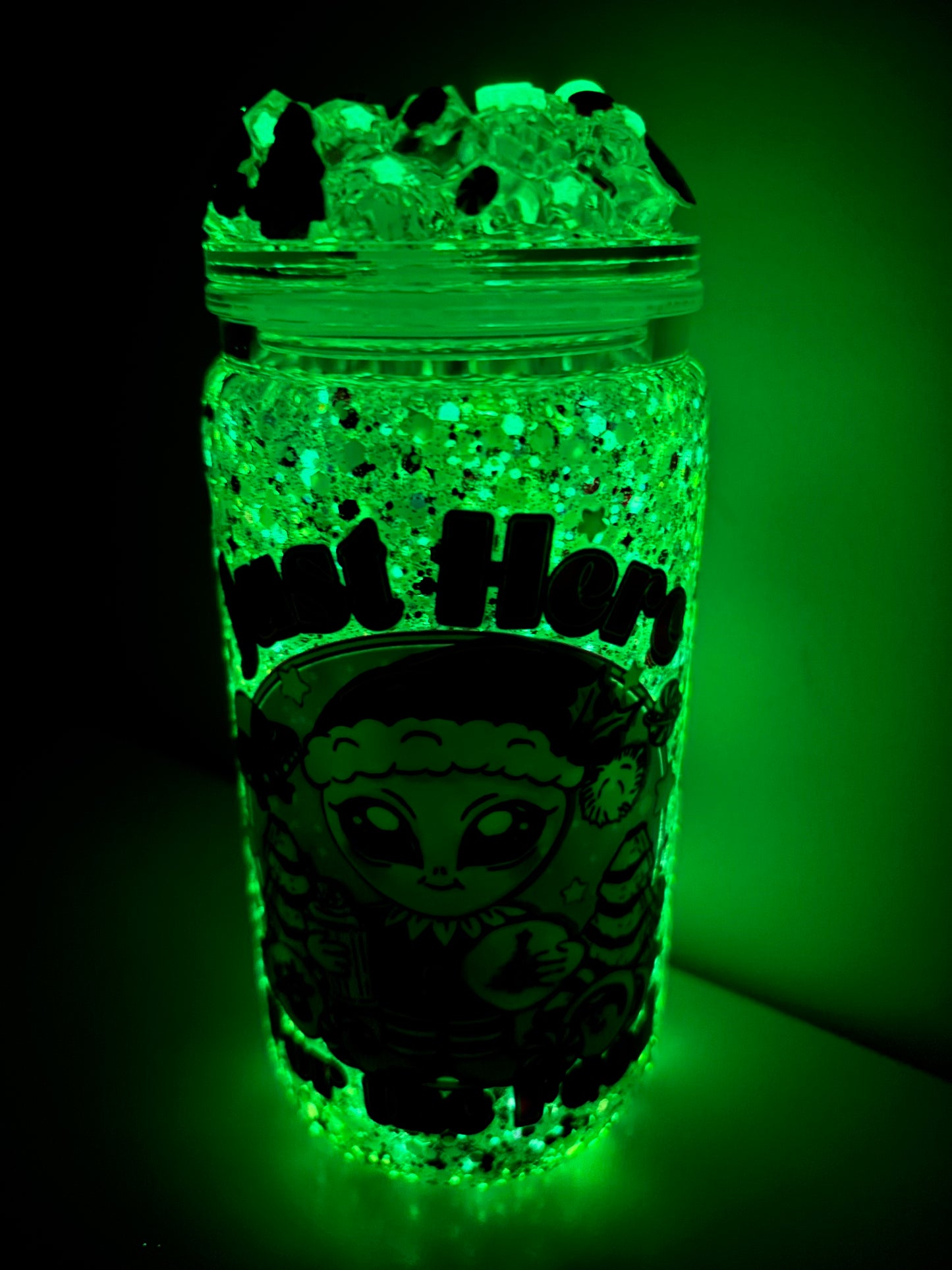 Just here for the food, glowing snow globe cup