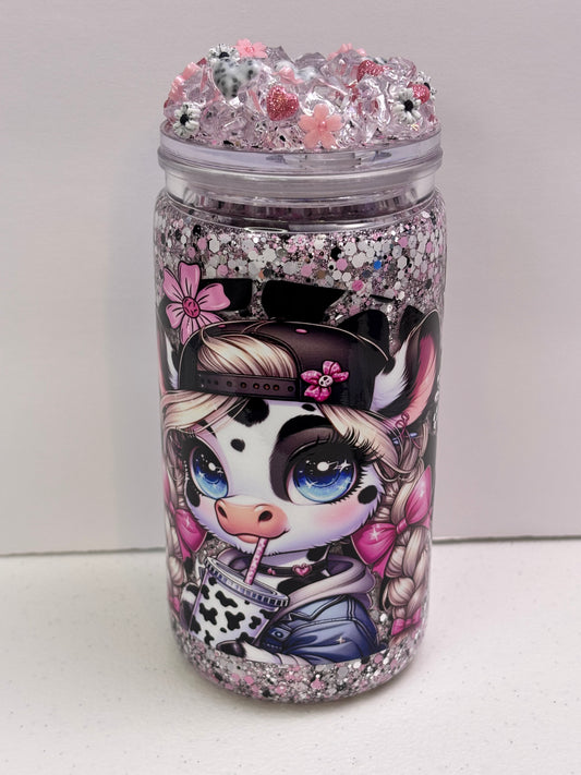 Pink cow snow globe