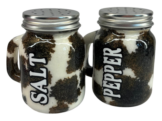 Farmhouse cow print mason jar style salt and pepper shakers