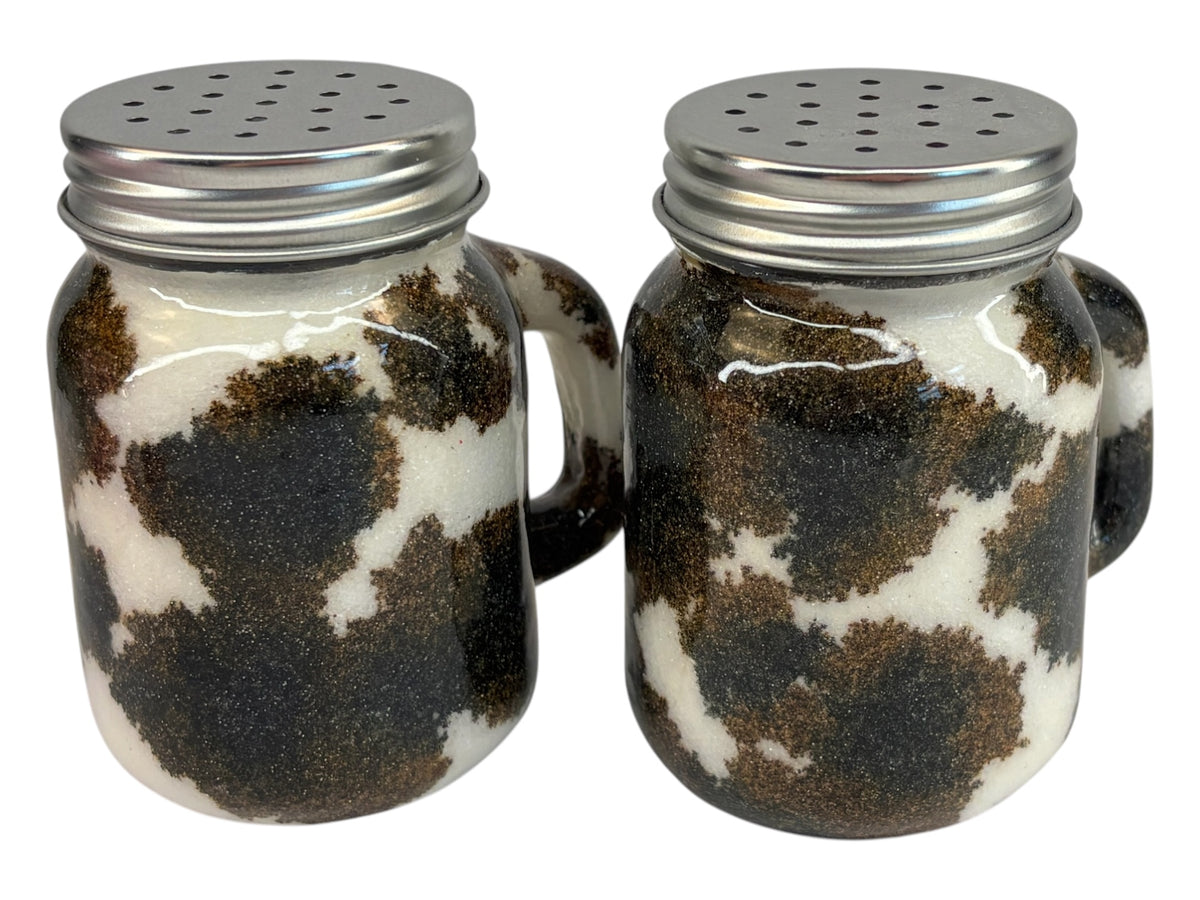 Farmhouse cow print mason jar style salt and pepper shakers