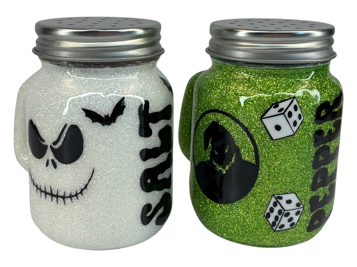 Glowing Halloween nightmare, mason jar of salt and pepper shakers
