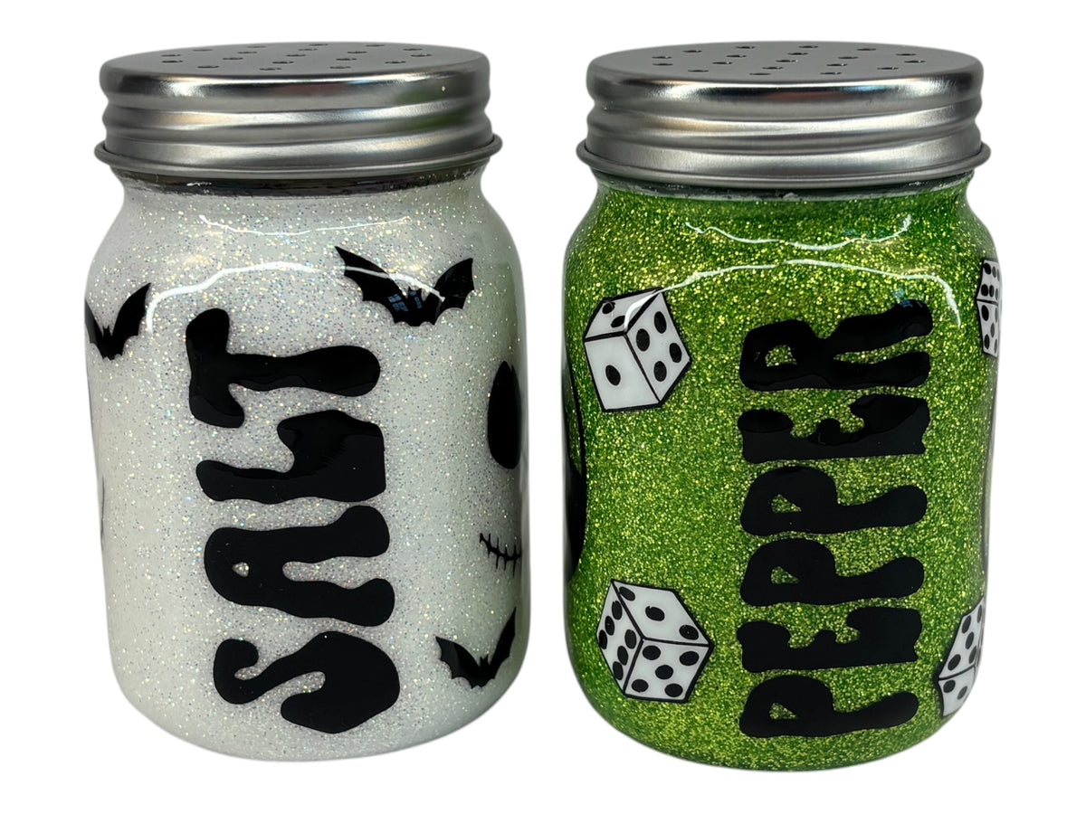 Glowing Halloween nightmare, mason jar of salt and pepper shakers
