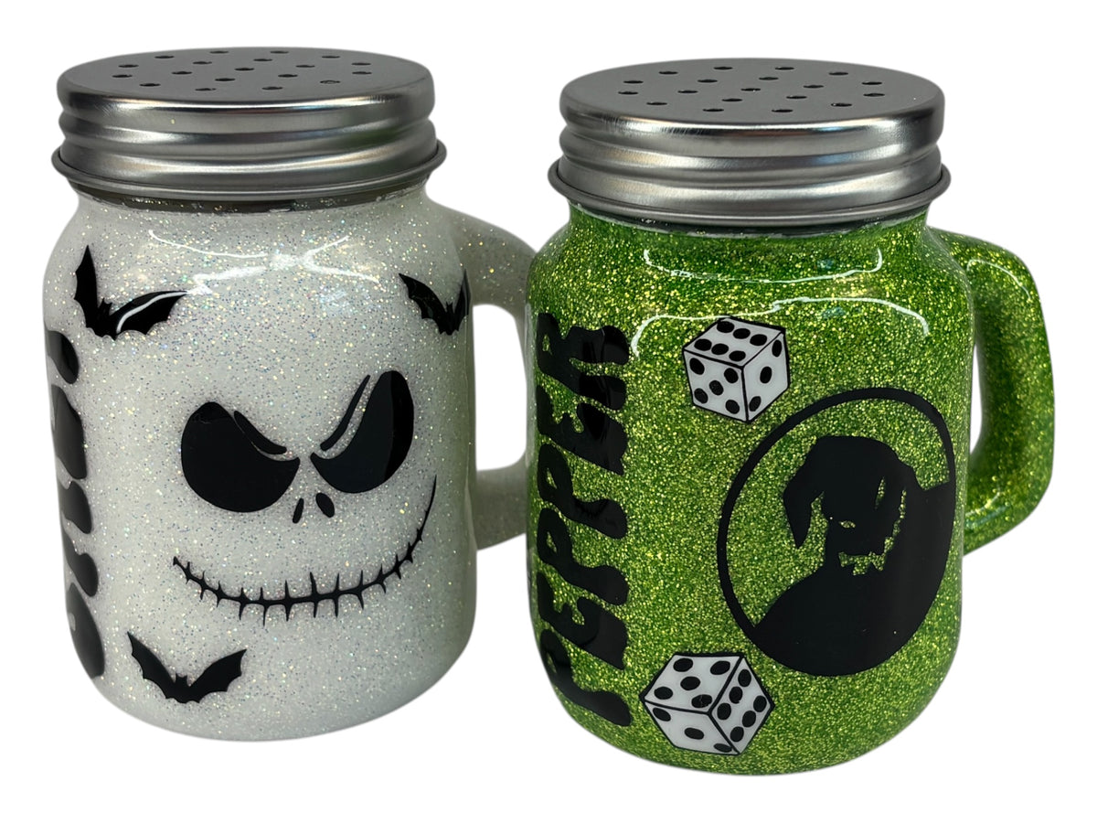 Glowing Halloween nightmare, mason jar of salt and pepper shakers
