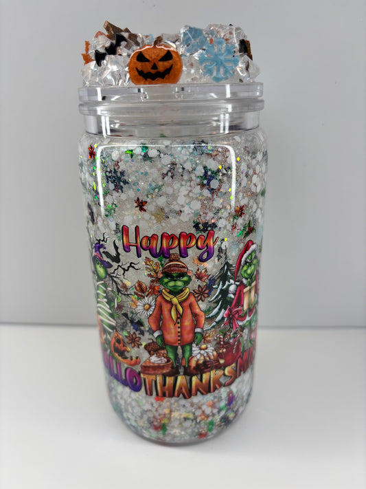 Happy Hallothanksmas snow globe cup