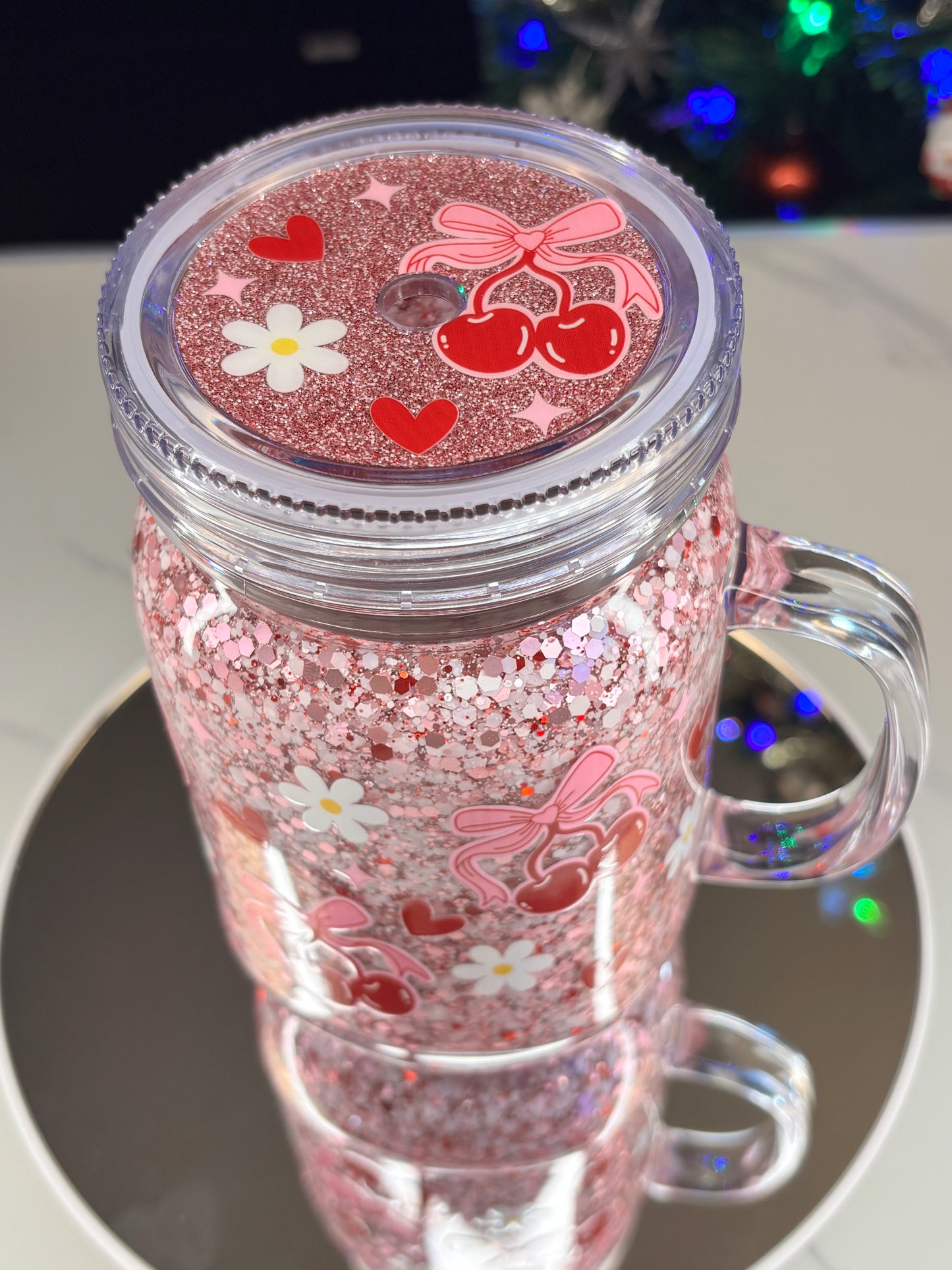 Cherry love, 20 ounce mason jar mug snow globe