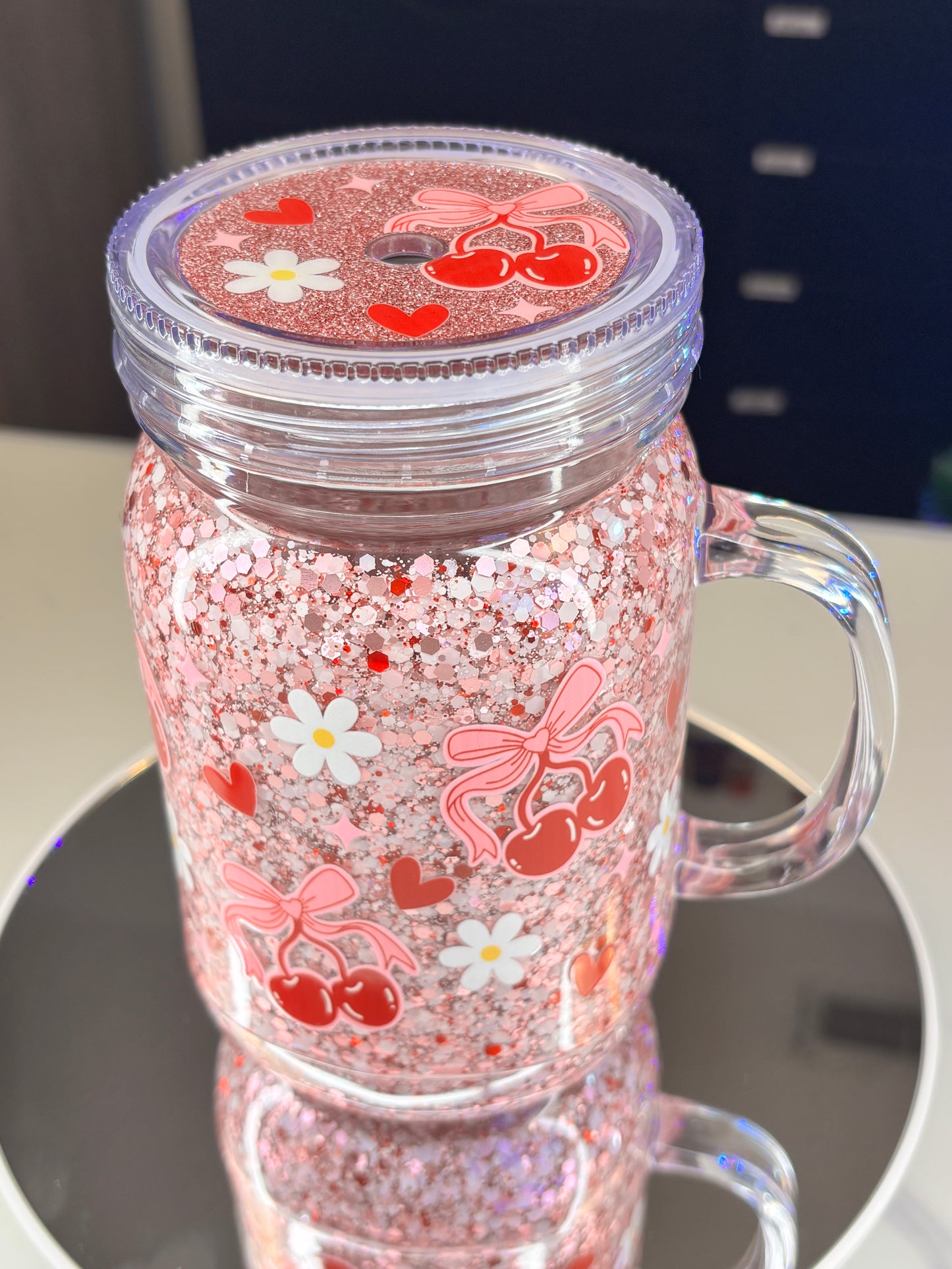 Cherry love, 20 ounce mason jar mug snow globe