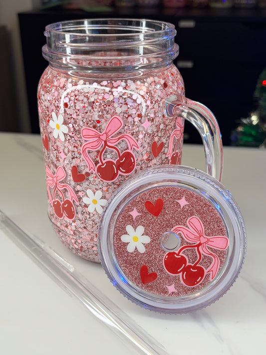 Cherry love, 20 ounce mason jar mug snow globe