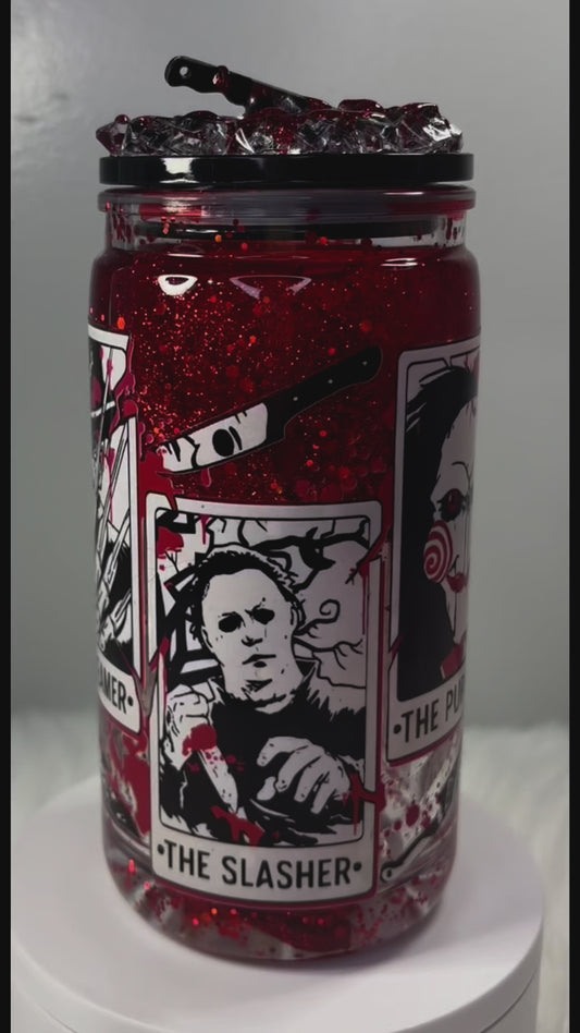 Glitter and gore bloody drip snow globe 16oz acrylic can